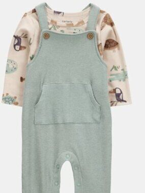 NWT Carter’s Baby Boy Outfit 12 Months Green Overalls Animal Print Shirt 2PC Set